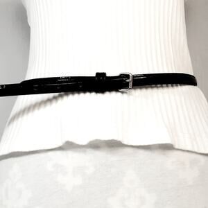 Black Patent Faux Leather Skinny Belt Medium Waist Silver Tone Hardware